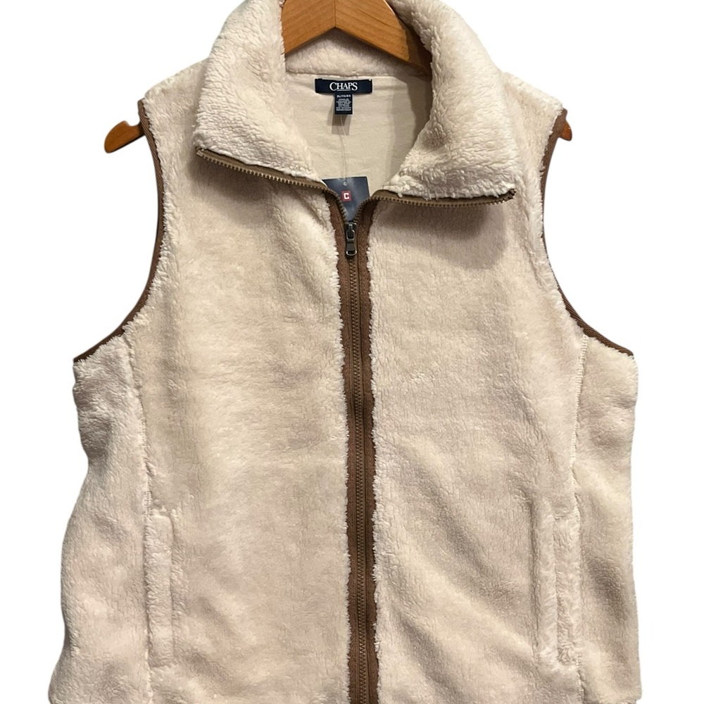 Chaps Off-White Fleece Vest with Brown Accents